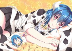 Rule 34 | 1girl, animal print, bell, blue hair, blush, breasts, closed mouth, collar, cow girl, cow horns, cow print, cow tail, horns, jashin-chan dropkick, large breasts, looking at viewer, lying, miniskirt, minos (jashin-chan dropkick), multiple views, neck bell, on side, pleated skirt, red eyes, short hair, simple background, skirt, sleeping, smile, star (symbol), starry background, tail, thighhighs