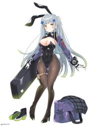 Rule 34 | 1girl, absurdres, animal ears, bad id, bad pixiv id, bag, black footwear, black pantyhose, blush, breasts, checkered clothes, checkered skirt, cleavage, commentary request, facial tattoo, fake animal ears, full body, girls&#039; frontline, green eyes, hair ornament, high heels, highres, hk416 (girls&#039; frontline), holding, large breasts, leotard, long hair, looking at viewer, pantyhose, playboy bunny, pumps, rabbit ears, rabbit tail, shoes, unworn shoes, side ponytail, silver hair, simple background, skirt, solo, tail, tattoo, urim (paintur), white background