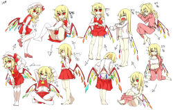 Rule 34 | 1girl, ascot, bare legs, barefoot, camisole, crystal, dressing, flandre scarlet, hat, long hair, mary janes, miniskirt, mob cap, multiple views, open mouth, pajamas, panties, pleated skirt, shamo (koumakantv), shoes, side-tie panties, side ponytail, simple background, skirt, sleepy, thighhighs, touhou, underwear, undressing, white background, white panties, white thighhighs, wings, yawning