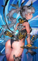 Rule 34 | 1girl, android, ass, cable, commentary, green eyes, highres, joints, looking at viewer, looking back, mechanical parts, original, ponytail, robot joints, science fiction, seams, silver hair, thigh grab, voruvoru