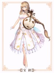 Rule 34 | 1girl, absurdres, bao-chai (tony taka), bare shoulders, blue eyes, blush, braid, braided ponytail, breasts, closed mouth, collarbone, crescent, crescent hair ornament, crossed legs, dress, full body, hair between eyes, hair ornament, hand fan, hand up, highres, holding, instrument, long hair, looking at viewer, medium breasts, original, scan, sidelocks, simple background, single braid, sleeveless, sleeveless dress, smile, solo, standing, tony taka, watson cross, white background