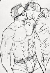 Rule 34 | 2boys, abs, alternate costume, arm around shoulder, arm hair, bara, billy russell (dickfish), boxer briefs, bulge, casual, clothes tug, couple, dickfish (fishismdick), facial hair, glasses, highres, john rottweil (dickfish), kiss, large pectorals, male focus, male underwear, mature male, multiple boys, muscular, muscular male, mustache, navel, navel hair, nipples, original, pectorals, scan, scar, scar on chest, scar on stomach, shirt grab, short hair, sideburns, sketch, stomach, sweatdrop, thick eyebrows, topless male, traditional media, underwear, underwear only, yaoi