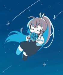Rule 34 | 1girl, ahoge, black dress, brmameng, brown hair, closed eyes, colored inner hair, creature, crossed bangs, dot mouth, dress, floating, hair ornament, hair ribbon, hairclip, highres, holding, holding creature, hololive, hololive english, kneehighs, long hair, multicolored hair, nanashi mumei, night, night sky, official alternate costume, ponytail, ribbon, shooting star, sky, socks, star (sky), starry sky, streaked hair, very long hair, virtual youtuber
