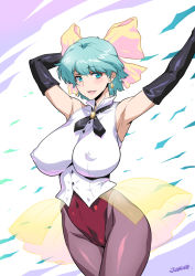 Rule 34 | 1girl, armpits, blue eyes, blue hair, bow, breasts, covered erect nipples, earrings, elbow gloves, gloves, green hair, huge breasts, impossible clothes, jewelry, joy ride, kazuki mai, magical emi, magical girl, mahou no star magical emi, matching hair/eyes, pantyhose, short hair, solo, yellow bow