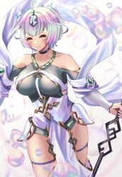 Rule 34 | 1girl, absurdres, ahoge, bare shoulders, black choker, blush, bob cut, breasts, bubble, choker, closed mouth, clothing cutout, collarbone, commentary request, fire emblem, fire emblem heroes, green hair, hair intakes, hair ornament, highres, holding, holding weapon, large breasts, looking at viewer, multicolored hair, nintendo, pelvic curtain, purple hair, reia hana, seidr (fire emblem), shawl, short hair, shoulder cutout, signature, smile, solo, twitter username, weapon, yellow eyes