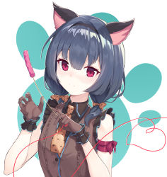 Rule 34 | 1girl, absurdres, animal ears, bare shoulders, black hair, black hairband, black shirt, blush, bow, brown bow, brown gloves, brown necktie, brown vest, cat ears, cat teaser, closed mouth, collared shirt, commentary request, gloves, hair between eyes, hair bow, hairband, heart, highres, holding, idolmaster, idolmaster shiny colors, kemonomimi mode, looking at viewer, low twintails, morino rinze, necktie, ohihil, polka dot, polka dot bow, polka dot neckwear, purple eyes, shirt, short twintails, sleeveless, sleeveless shirt, smile, solo, twintails, upper body, vest, white background