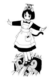 Rule 34 | 1girl, akai sashimi, animal ears, balancing, cat ears, cat tail, greyscale, mary janes, monochrome, original, outstretched arms, shoes, short hair, solo, tail, tentacles