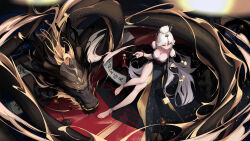 Rule 34 | 1girl, bare shoulders, barefoot, bead bracelet, beads, black dress, bracelet, breasts, candle, candlestand, claw ring, cleavage, closed mouth, commentary request, dragon, dress, eastern dragon, from above, genshin impact, hair ornament, hair stick, heitian keji, highres, holding, jewelry, large breasts, long hair, medium breasts, multiple rings, nail polish, ningguang (genshin impact), off-shoulder dress, off shoulder, red eyes, red nails, ring, sitting, smile, solo, tassel, tassel hair ornament, toe ring, very long hair, white hair, wide shot