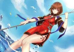 Rule 34 | 1girl, brown hair, china dress, chinese clothes, cloud, day, detached sleeves, dress, dutch angle, flower, hair flower, hair ornament, highres, looking at viewer, mole, mole under eye, ocean, red eyes, short hair, side slit, sky, solo, taotao, wading, warship girls r, water, water drop, yat sen (warship girls r)