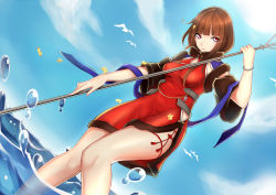 1girl brown_hair china_dress chinese_clothes cloud day detached_sleeves dress dutch_angle female_focus flower hair_flower hair_ornament highres looking_at_viewer mole mole_under_eye ocean red_eyes short_hair side_slit sky solo taotao wading warship_girls_r water water_drop yat_sen_(warship_girls_r)