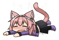 Rule 34 | 1boy, :d, = =, animal ears, astolfo (fate), astolfo (memories at trifas) (fate), black skirt, blush, cat boy, cat ears, cat tail, chibi, closed eyes, cowfee, facing viewer, fang, fate/apocrypha, fate (series), full body, grey footwear, long sleeves, lying, male focus, nose blush, official alternate costume, on stomach, open mouth, pink hair, pleated skirt, purple shirt, shirt, shoes, signature, skirt, smile, solo, tail, trap, watermark, white background, wide face