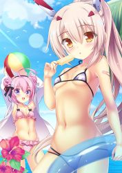 Rule 34 | 2girls, :d, :o, arms up, ayanami (azur lane), azur lane, bad id, bad pixiv id, ball, bare arms, bare shoulders, beachball, bikini, bikini under clothes, blue sky, blush, bow, bow bikini, breasts, brown eyes, cloud, collarbone, commentary request, day, flower, food, frilled bikini, frills, hair ornament, hairclip, headgear, hibiscus, high ponytail, highres, holding, holding ball, holding food, horizon, ice cream, innertube, jacket, light brown hair, long hair, long sleeves, medium breasts, moyasi06 25, multi-strapped bikini, multiple girls, navel, ocean, open clothes, open jacket, open mouth, outdoors, parted lips, pink bikini, pink hair, ponytail, purple bikini, purple eyes, red flower, round teeth, saratoga (azur lane), saratoga (seven seas of rest) (azur lane), sidelocks, sky, sleeves past wrists, small breasts, smile, swim ring, swimsuit, teeth, transparent, upper teeth only, very long hair, water, white jacket