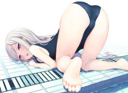 Rule 34 | 1girl, :o, all fours, alternate costume, ass, bare legs, bare shoulders, barefoot, blush, breasts, commentary request, drain (object), echiru39, elf, emilia (re:zero), long hair, looking at viewer, medium breasts, one-piece swimsuit, open mouth, pointy ears, pool, poolside, purple eyes, re:zero kara hajimeru isekai seikatsu, school swimsuit, sidelocks, silver hair, soles, solo, strap gap, swept bangs, swimsuit, tile floor, tiles, toes, top-down bottom-up, wet, wet clothes, wet hair, wet swimsuit, white background