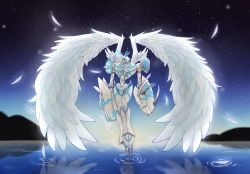 Rule 34 | armor, digimon, fusion, highres, horns, omegamon, omegamon merciful mode, sky, water, wings
