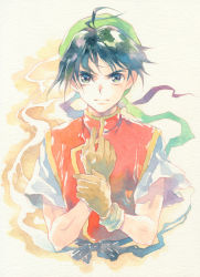 Rule 34 | 1boy, agahari, bandana, black eyes, black hair, brown gloves, commentary request, gensou suikoden, gensou suikoden i, gloves, green bandana, highres, looking at viewer, male focus, short hair, short sleeves, solo, tir mcdohl, traditional media, upper body
