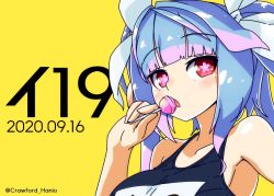 Rule 34 | 1girl, blue hair, candy, character name, commentary request, dated, flower-shaped pupils, food, hair ribbon, haniyama kurofo, i-19 (kancolle), kantai collection, lollipop, long hair, looking at viewer, name tag, one-hour drawing challenge, red eyes, ribbon, school swimsuit, simple background, solo, swimsuit, symbol-shaped pupils, tri tails, twitter username, upper body, yellow background