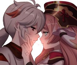 Rule 34 | 1boy, 1girl, after kiss, backlighting, black bloomers, bloomers, commentary, english commentary, eye contact, genshin impact, green eyes, grey hair, hands on own cheeks, hands on own face, hat, hetero, highres, kaedehara kazuha, looking at another, multicolored hair, pink hair, ponytail, red eyes, red hair, red hat, sakichka, saliva, saliva trail, streaked hair, two-tone hair, underwear, xiezhi guan, yanfei (genshin impact)