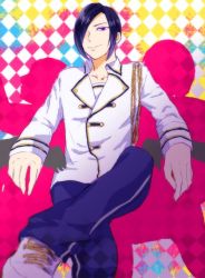 Rule 34 | 1boy, arsmagna, chain, checkered background, hair over one eye, kurou kentou, crossed legs, male focus, purple eyes, purple hair, silhouette, sitting, smile, solo, tsukimi (tsukim512)