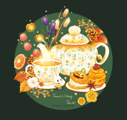 Rule 34 | cup, cupcake, flower, food, food focus, fruit, highres, icing, jack-o&#039;-lantern, no humans, orange (fruit), orange slice, original, pastry, pinecone, rabbit, saucer, steam, subaru (jack), tea, tea set, teacup, teapot