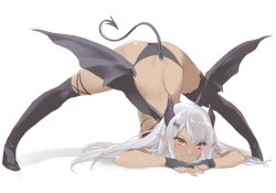 Rule 34 | 1girl, 47agdragon, arm support, ass, back, bikini, black bikini, black wings, blush, breasts, bridal gauntlets, closed mouth, commentary request, dark-skinned female, dark skin, demon girl, demon horns, demon tail, demon wings, full body, horns, jack-o&#039; challenge, long hair, looking at viewer, medium breasts, meme, no shoes, original, red eyes, sideboob, silver hair, simple background, solo, spread legs, swimsuit, tail, thighhighs, top-down bottom-up, v-shaped eyebrows, very long hair, white background, wings