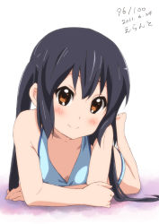 Rule 34 | 1girl, 2011, bikini, black hair, blush, brown eyes, dated, errant, k-on!, light smile, long hair, lying, nakano azusa, on stomach, sidelocks, simple background, smile, solo, swimsuit, twintails