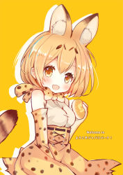 Rule 34 | 10s, 1girl, :d, animal ears, bare shoulders, blonde hair, blush, bow, bowtie, brown eyes, elbow gloves, food, gloves, holding, holding food, japari bun, kemono friends, looking at viewer, maodouzi, open mouth, serval (kemono friends), serval print, serval tail, short hair, sleeveless, smile, solo, tail, yellow background