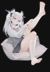 Rule 34 | 1girl, absurdres, adjusting clothes, adjusting legwear, black ribbon, blue eyes, character request, collared shirt, commentary, copyright request, crossed bangs, dressing, eyelashes, feet, full body, grandia lee, grey hair, grey shirt, grey skirt, grey vest, hair ribbon, highres, kneehighs, leaning back, leg up, legs, long sleeves, no shoes, original, pillow, ribbon, school uniform, shirt, sidelocks, simple background, sitting, skirt, socks, soles, solo, spread toes, symbol-only commentary, thighs, toes, twintails, vest, white background, white socks