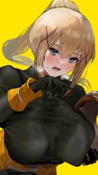 Rule 34 | 1girl, black bodysuit, black gloves, blonde hair, blue eyes, bodysuit, breasts, cape, commentary request, darkness (konosuba), gloves, hair between eyes, hair ornament, highres, hot, kono subarashii sekai ni shukufuku wo!, large breasts, long hair, looking at viewer, nonohachi, open mouth, ponytail, solo, sweat, waist cape, x hair ornament, yellow background, yellow cape