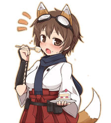 Rule 34 | 1girl, animal ears, blush, breasts, brown eyes, brown hair, cake, female focus, food, goggles, goggles on head, japanese clothes, jpeg artifacts, katou keiko, medium breasts, null (nyanpyoun), scarf, short hair, solo, strike witches, surprised, tail, thighhighs, white background, witches of africa, world witches series