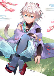 Rule 34 | 1boy, absurdres, animal ear fluff, animal ears, azna, blue eyes, blue hair, bud, candy, closed mouth, detached sleeves, floral print, food, grass, grey hair, hair between eyes, highres, holding, japanese clothes, lollipop, looking at viewer, male focus, multicolored hair, original, red footwear, sitting, solo, tail, twitter username, wide sleeves