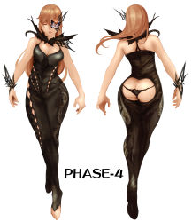 Rule 34 | 1girl, ass, ass cutout, barefoot, black panties, bodysuit, breasts, brown hair, bug, butt crack, butterfly, character name, cleavage, closed eyes, clothing cutout, dead or alive, dead or alive 5, eyepatch, flower eyepatch, full body, highres, hu dako, insect, long hair, lowleg, lowleg panties, panties, phase-4, revealing clothes, simple background, solo, tecmo, thong, toes, underwear, white background, wide hips