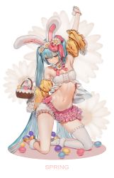 Rule 34 | 1girl, animal ears, aqua eyes, arm up, asymmetrical legwear, bare shoulders, basket, blush, bow, commentary, cosplay, daisy, detached collar, detached sleeves, easter, easter bunny, easter bunny (cosplay), easter egg, egg, english commentary, english text, fake animal ears, floral background, flower, frilled skirt, frilled sleeves, frilled thighhighs, frills, gloves, hair bow, hair flower, hair ornament, half-closed eyes, hatsune miku, highres, holding, holding basket, kneeling, light blush, light smile, long hair, looking down, microskirt, midriff, navel, oohhya, outstretched arm, pink bow, pink skirt, rabbit ears, revealing clothes, single thighhigh, skirt, solo, spring (season), strapless, stretching, thighhighs, tube top, twintails, uneven legwear, very long hair, vocaloid, white gloves, white thighhighs, white tube top, yellow sleeves