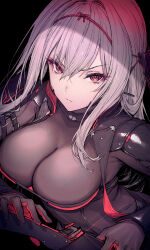 Rule 34 | 1girl, armor, black background, black bodysuit, bodysuit, breasts, cleavage, closed mouth, from above, gloves, goddess of victory: nikke, haoni, highres, large breasts, long hair, looking at viewer, looking up, official alternate costume, purple eyes, scarlet (black shadow) (nikke), scarlet (nikke), see-through, shoulder armor, simple background, solo, weapon