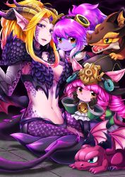 Rule 34 | 3girls, alternate costume, alternate hair color, animal ears, ascot, bell, black gloves, blonde hair, braid, brown eyes, colored skin, dragon, dragon sorceress zyra, dragon tail, dragon tamer lulu, dragon tamer tristana, dragon tamer zyra, dragon trainer lulu, dragon trainer tristana, dress, facepaint, gloves, goggles, goggles on head, green dress, hat, hat ornament, highres, horns, jingle bell, league of legends, long hair, looking at viewer, lulu (league of legends), midriff, monster girl, multiple girls, navel, pink hair, pointy ears, ponytail, purple eyes, purple hair, purple skin, scales, sitting, tail, tanpopo hayabusa-maru, tristana, yordle, zyra