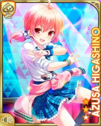 Rule 34 | 1girl, :d, blue background, blue bow, blue skirt, bow, card (medium), character name, collar, dancing, day, girlfriend (kari), higashino azusa, indoors, looking at viewer, official art, open mouth, pink eyes, pink hair, pink sweater, plaid, plaid skirt, qp:flapper, school uniform, shirt, skirt, smile, solo, sweater, tagme, tied sweater, twintails, white shirt