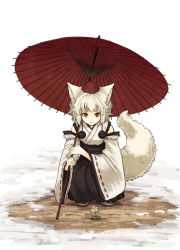 Rule 34 | 1girl, :3, animal ears, detached sleeves, female focus, flower, hat, inubashiri momiji, japanese clothes, oil-paper umbrella, snow, solo, squatting, tail, tokin hat, touhou, umbrella, urin, white background, white hair, white theme, wolf ears, wolf tail