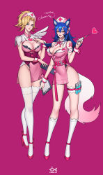Rule 34 | 2girls, ahri (league of legends), alternate costume, animal ears, blonde hair, blue eyes, blue hair, breasts, citemer, cleavage, cleavage cutout, clipboard, clothing cutout, corset, cross, crossover, detached collar, english text, eyelashes, facial mark, fingernails, fish, fox ears, fox tail, full body, groin, hair between eyes, hat, highres, kneehighs, lace, lace-trimmed legwear, lace trim, league of legends, legs apart, lips, long fingernails, long hair, medium breasts, mercy (overwatch), multiple girls, nail polish, nurse, nurse cap, overwatch, overwatch 1, parted bangs, pink hat, purple background, red background, red cross, simple background, smile, socks, syringe, tail, tattoo, thigh strap, thighhighs, thighs, whisker markings, white legwear, wrist cuffs, yellow eyes