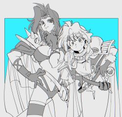 Rule 34 | 2girls, aqua background, armor, belt, border, bra, breasts, cape, chromatic aberration, closed mouth, cowboy shot, crossed belts, curtained hair, earrings, gloves, greyscale, greyscale with colored background, hand on own face, hand on own hip, hands on own hips, highres, jewelry, large breasts, leaning, leaning forward, lina inverse, long hair, looking at viewer, medium hair, monochrome, multiple belts, multiple girls, naga the serpent, panties, parted bangs, pauldrons, pearl earrings, raised eyebrows, shirt tucked in, shoulder armor, slayers, smile, spiked pauldrons, sweatdrop, swept bangs, underwear, yo-co