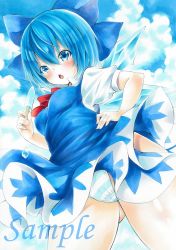 Rule 34 | 1girl, arim0k0, blue background, blue bow, blue dress, blue eyes, blue hair, blue panties, bow, breasts, cirno, cowboy shot, dress, food, gluteal fold, hair between eyes, hair bow, hand on own hip, highres, holding, holding food, ice, ice wings, looking at viewer, medium breasts, open mouth, panties, pinafore dress, popsicle, popsicle stick, sample watermark, shirt, short hair, short sleeves, sleeveless, sleeveless dress, solo, striped clothes, striped panties, touhou, traditional media, underwear, watermark, white panties, white shirt, wings