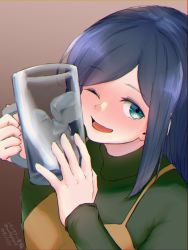Rule 34 | 1girl, ;d, aqua eyes, beer mug, beige dress, blue hair, blush, breasts, brown background, character name, cheek press, cup, dated, drunk, gradient background, green sweater, highres, holding, holding cup, ice, ice cube, kantai collection, large breasts, long hair, looking at viewer, mug, nose blush, official alternate costume, one eye closed, open mouth, smile, solo, souryuu (kancolle), sweater, turtleneck, twitter username, umibudou, upper body