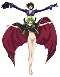 Rule 34 | 00s, 1boy, 1girl, barefoot, black hair, blush, bottomless, c.c., cape, clothed male nude female, code geass, gloves, green hair, highres, jpeg artifacts, legs, lelouch vi britannia, long hair, looking at viewer, naked cape, navel, no panties, nude, nude filter, open mouth, outstretched arms, purple eyes, pussy, short hair, simple background, spread arms, standing, thigh gap, thighs, third-party edit, uncensored, white background, yellow eyes