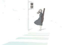 Rule 34 | 1girl, black dress, commentary request, copyright request, crosswalk, dress, east sha2, from behind, grey hair, highres, long hair, long sleeves, looking at viewer, looking back, no mouth, no nose, solo, white background, white footwear, wind