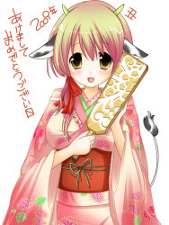 Rule 34 | 00s, 2009, animal ears, blonde hair, breasts, cow ears, horns, japanese clothes, kimono, large breasts, tail, yellow eyes, yukata