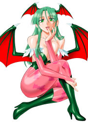 Rule 34 | 1girl, :d, alternate color, animal print, bare shoulders, bat print, bat wings, boots, breast press, breasts, breasts squeezed together, bridal gauntlets, capcom, cleavage, demon girl, feathers, finger to mouth, green eyes, green footwear, green hair, head wings, high heels, large breasts, lipstick, long hair, makeup, matching hair/eyes, mokkouyou-bond, mokkouyou bond, morrigan aensland, naughty face, open mouth, pantyhose, pinky out, print pantyhose, shoes, sideboob, simple background, sitting, smile, solo, vampire (game), wings