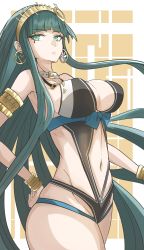 Rule 34 | 1girl, absurdres, bracelet, breasts, cleopatra (fate), collar, cowboy shot, earrings, fate/grand order, fate (series), gin moku, green eyes, green hair, hairband, highres, jewelry, large breasts, long hair, looking to the side, navel, solo, swimsuit