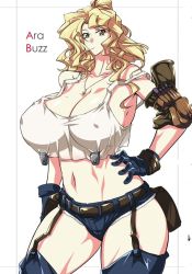 Rule 34 | 1girl, ara buzz, blonde hair, breasts, cleavage, collarbone, covered erect nipples, denim, denim shorts, gloves, haganef, hand on own hip, huge breasts, midriff, mole, mole on breast, mouth hold, no bra, shorts, stalk in mouth, tagme, tank top, thick thighs, thighs