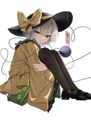 Rule 34 | 1girl, absurdres, black footwear, black hat, black pantyhose, bow, commentary, english commentary, floral print, from side, full body, green eyes, green skirt, hat, hat bow, heart, heart of string, highres, komeiji koishi, light green hair, long sleeves, looking at viewer, ougiikun, pantyhose, rose print, shirt, short hair, simple background, skirt, smile, solo, third eye, touhou, white background, wide sleeves, yellow bow, yellow shirt
