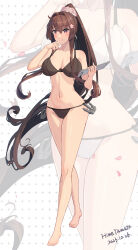 Rule 34 | 1girl, absurdres, artist name, bare arms, bare legs, bare shoulders, barefoot, bikini, black bikini, blush, breasts, brown eyes, brown hair, closed mouth, collarbone, dated, flower, full body, hair between eyes, hair flower, hair ornament, highres, himeyamato, kantai collection, large breasts, long hair, multiple views, navel, pink flower, polka dot, polka dot background, signature, smile, swimsuit, very long hair, yamato (kancolle), zoom layer