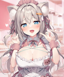 Rule 34 | 1girl, animal ears, blue eyes, blurry, blurry background, blush, breasts, cat ears, cleavage, commentary request, dress, fish hair ornament, grey hair, hair ornament, hair ribbon, heart, heart-shaped pupils, index finger raised, indoors, karory, large breasts, long hair, looking at viewer, maid, maid headdress, nail polish, open mouth, original, pink dress, ribbon, short sleeves, smile, solo, standing, symbol-shaped pupils, virtual youtuber, waitress, wrist cuffs
