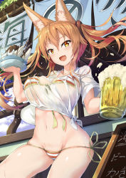 Rule 34 | 1girl, :d, absurdres, alcohol, animal ears, banana, beer, beer mug, bikini, bikini under clothes, blouse, blue sky, breasts, brown hair, chocolate, cloud, collarbone, commentary request, contrapposto, covered erect nipples, cowboy shot, cup, day, dessert, drinking straw, fang, floating hair, food, food request, fox ears, front-tie top, fruit, groin, hair between eyes, hair ornament, highres, holding, holding food, large breasts, long hair, looking at viewer, menu board, mug, navel, no pants, open mouth, orange bikini, original, outdoors, shiny skin, shirt, short sleeves, side-tie bikini bottom, sidelocks, sky, smile, solo, standing, stomach, striped bikini, striped clothes, summer, swimsuit, swimsuit under clothes, tied shirt, twintails, wafer stick, wet, wet clothes, wet shirt, white bikini, white shirt, yellow eyes, zelitto